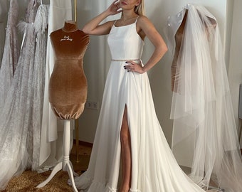 Chiffon Wedding dress / Ivory Chiffon Wedding Gown on Straps / Chiffon Dress with a Slit / Ruffled Hem wedding Dress / A line dress