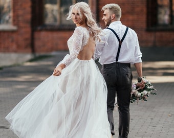 Robe de mariée volumineuse en tulle couleur lait avec doublure beige et dentelle délicate/robe de mariée d'été légère à manches longues