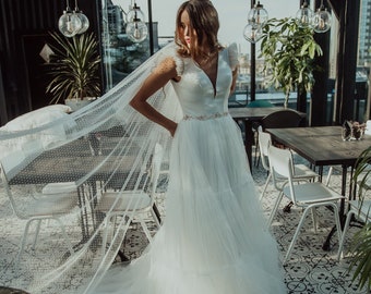 Bohemian Ivory Tulle Wedding Dress, Open Back, Court Train