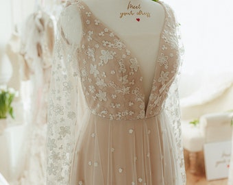 Charming Lace Wedding Gown with Blush lining/ Lace with sequins wedding gown /Bohemian Romantic Lace Wedding Dress/Long sleeve Wedding Dress