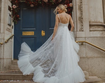 amazing Romantic Lace Wedding Dress / Ivory Lace Wedding Gown with Tulle Ruffles and Long Feminine Train / Elegant Wedding Dress Custom Made