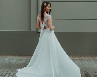 Light Ethereal Chiffon Wedding Dress with Lace Detailing and Chiffon Ribbon/Delicate Back Neckline for Bohemian Wedding Look