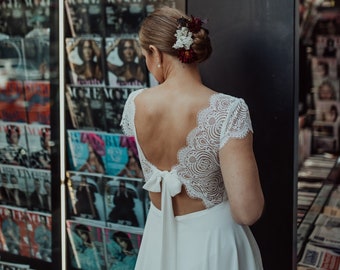 Delicate Milk-Coloured Chiffon Wedding Dress with Lace Open Back Detailing/Boho Wedding Gown with Luxurious Chiffon Ribbon and Short Sleeves