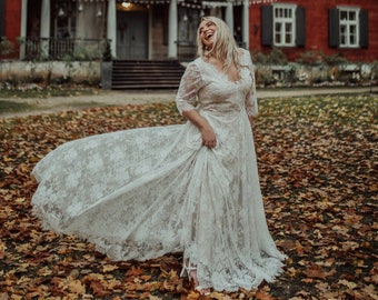 Romantic Beautifully Detailed Lace Wedding Dress with 3/4 Sleeves/Fine Lace V-neck and Beautiful Train Wedding Gown/Boho Bridal Gown