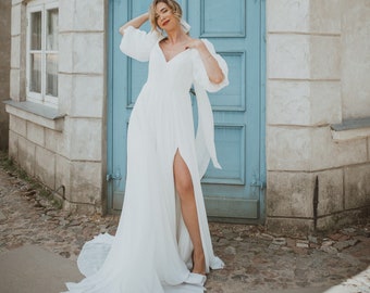 Ivoru Chiffon Voluminous 3/4 sleeves Dress / Wedding Dress with a Slit / Sexy Wedding Gown Trending / Handmade Designer's Wedding Dresses