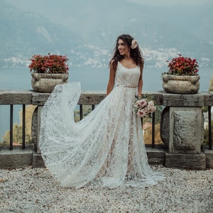 Nude/Beige Boho Sleeveless Wedding Dress With Intricate Lace Detailing/Lace Leaf Patterned Dress with Satin Ribbon/Bohemian Wedding Gown image 1