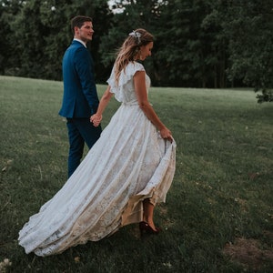 Bohemian Beige Lace Wedding Dress/Bohemian Ruffled Open Back Beige Lace Wedding Dress/Bohemian Long Train Low Back Lace Wedding Dress image 1