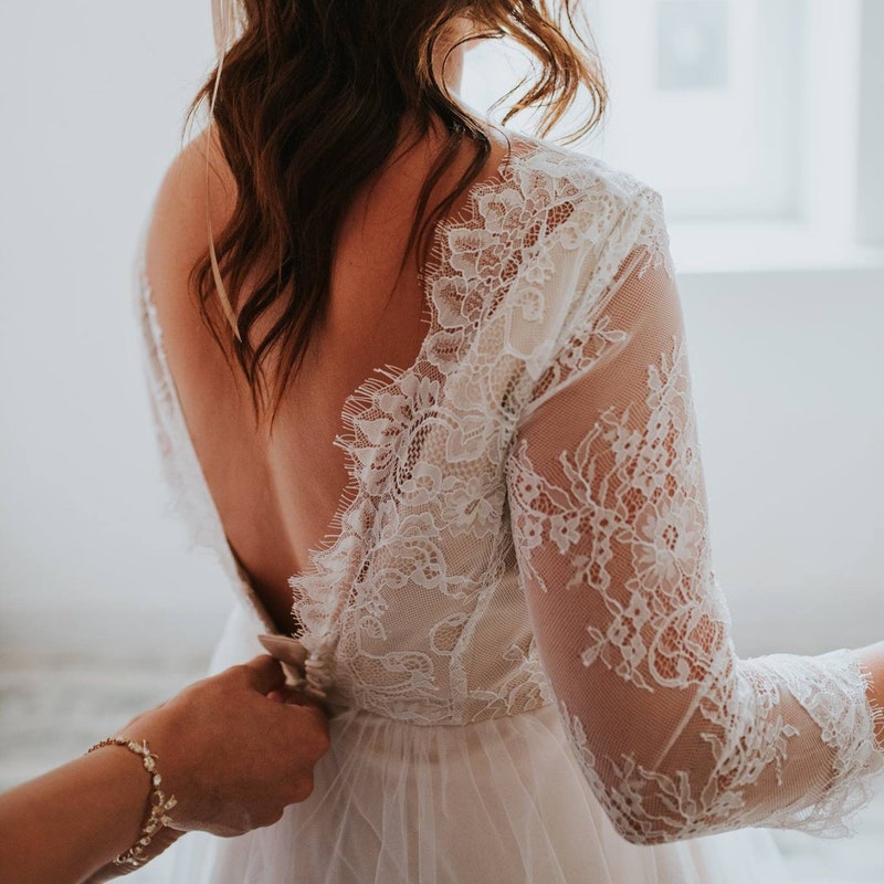 boho formal dresses short Vintage Boho Two-Piece Bateau Satin and Lace Short Sleeve Wedding Dress with Pleats and Sweep Train, Diamond White / 4 main image 1