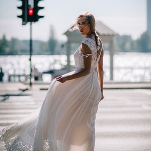 Simple Chiffon Wedding Dress with Lace Top and Hemline/Backless Boho Wedding Dress with Lace Top/Backless Chiffon Wedding Dress image 5