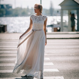 Simple Chiffon Wedding Dress with Lace Top and Hemline/Backless Boho Wedding Dress with Lace Top/Backless Chiffon Wedding Dress image 2