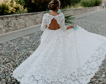 Unique Lace Flower Detailed Boho Wedding Dress/Detailed Lace Wedding Dress With 3/4 Sleeves/Bohemian Wedding Look