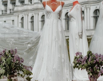 Unique Fine Straps Wedding dress / Ivory tulle wedding Dress / Embellished Dandelion Wedding Dress / Handmade Wedding Dresses