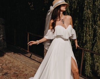 Light Chiffon off the Shoulder Wedding Dress /Ivory Bohemian Wedding Dress/ Wedding Dress with Slit