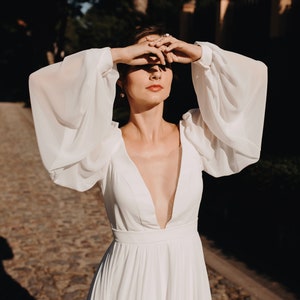 Beautiful Chiffon Wedding Gown and Deep V neck /Ivory Chiffon Wedding Dress with Open Back/Chiffon Dress with Wide Sleeves
