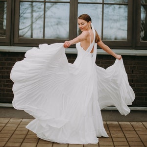Light Ivory Chiffon Wedding Dress for the Perfect Summer Wedding/Flowy Wedding Gown with Thin Straps and Delicate Top/Beautifully Detailed