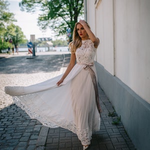 Simple Chiffon Wedding Dress with Lace Top and Hemline/Backless Boho Wedding Dress with Lace Top/Backless Chiffon Wedding Dress image 1