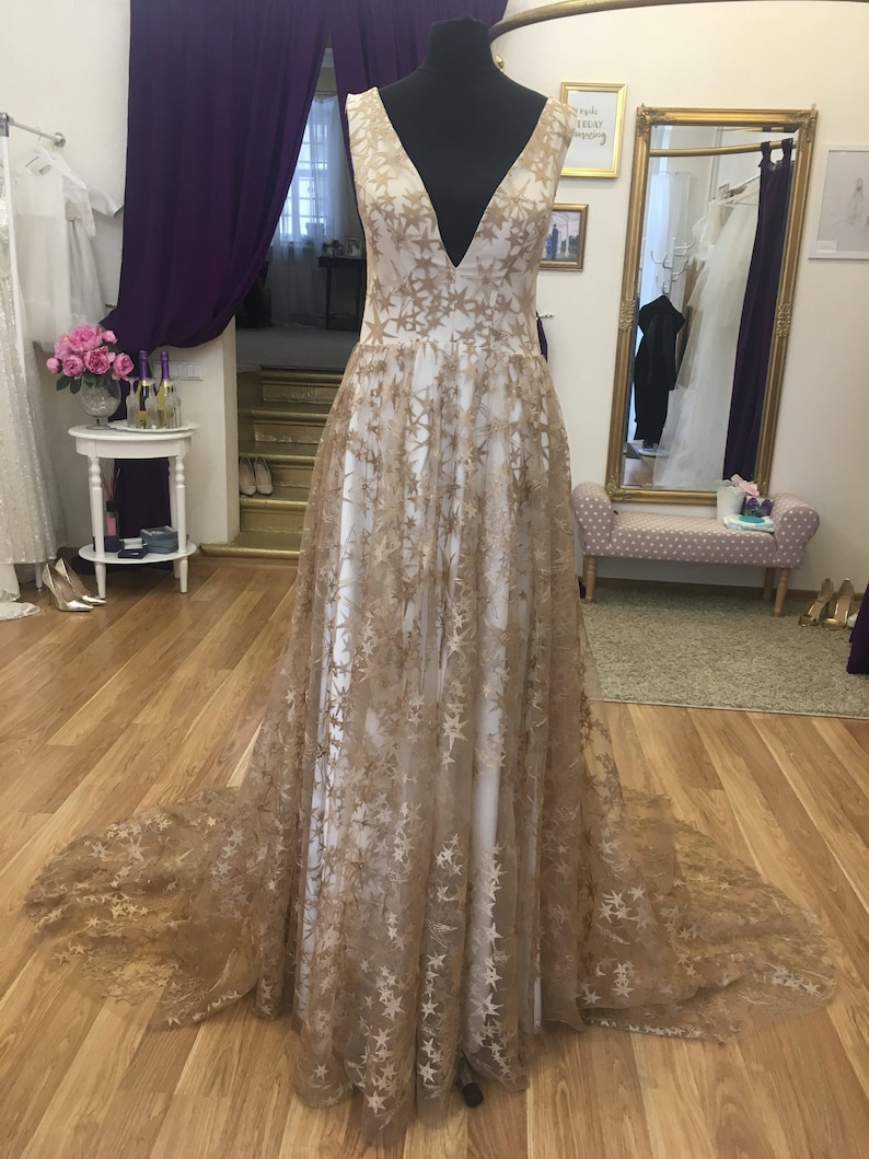 Gold/bronze star wedding dress, gold wedding dress, stars lace image 6