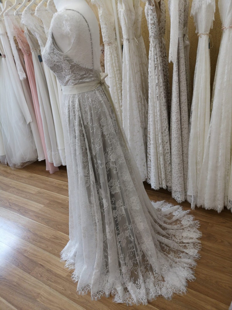 Gray Delicate Lace Boho Wedding Dress/Backless Gray Lace | Etsy