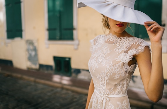 Delicate Lace Wedding Dress/ Bohemian Beige Lace Wedding Dress/ Open Back Beige  Lace Wedding Dress/ Bohemian Long Train Wedding Dress 