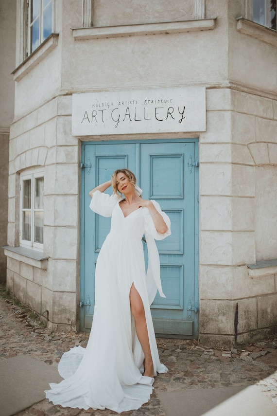 Ivoru Chiffon Voluminous 3/4 Sleeves Dress / Wedding Dress - Etsy