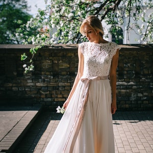 Simple Chiffon Wedding Dress with Lace Top and Hemline/Backless Boho Wedding Dress with Lace Top/Backless Chiffon Wedding Dress image 4