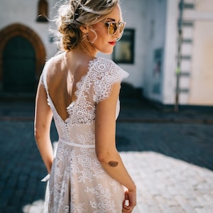 Delicate Lace Wedding Dress/ Bohemian Beige Lace Wedding Dress/ Open Back Beige Lace Wedding Dress/ Bohemian Long Train Wedding Dress image 4