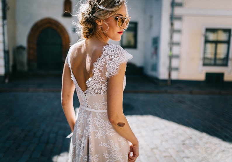 Delicate Lace Wedding Dress/ Bohemian Beige Lace Wedding Dress/ Open Back Beige Lace Wedding Dress/ Bohemian Long Train Wedding Dress image 4