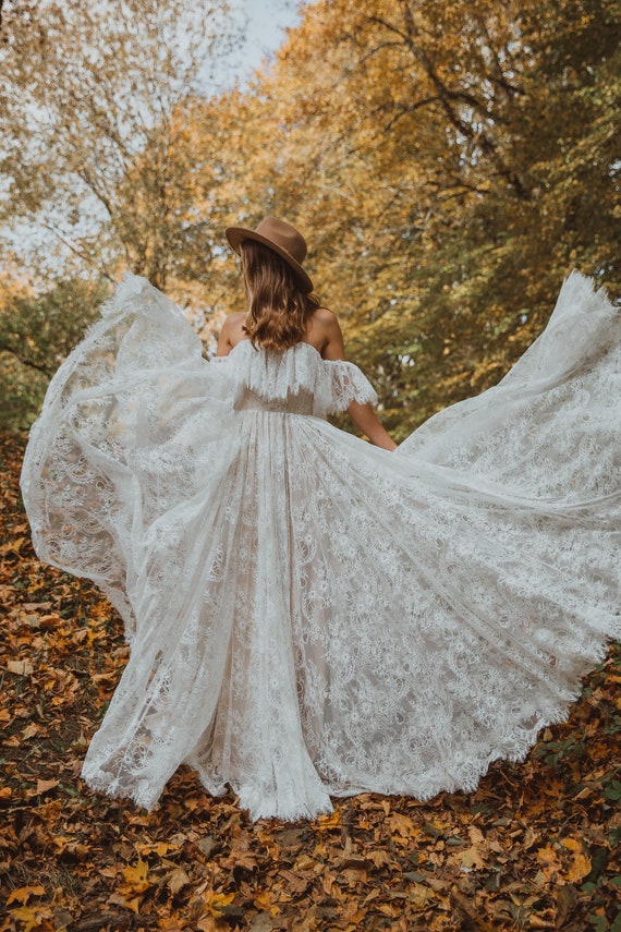Lace Wedding Dress With Off Shoulder Sleeves / Lace Ruffles Wedding Dress /  Nude Lining Lace dress with a Train / Made to Measure Dress