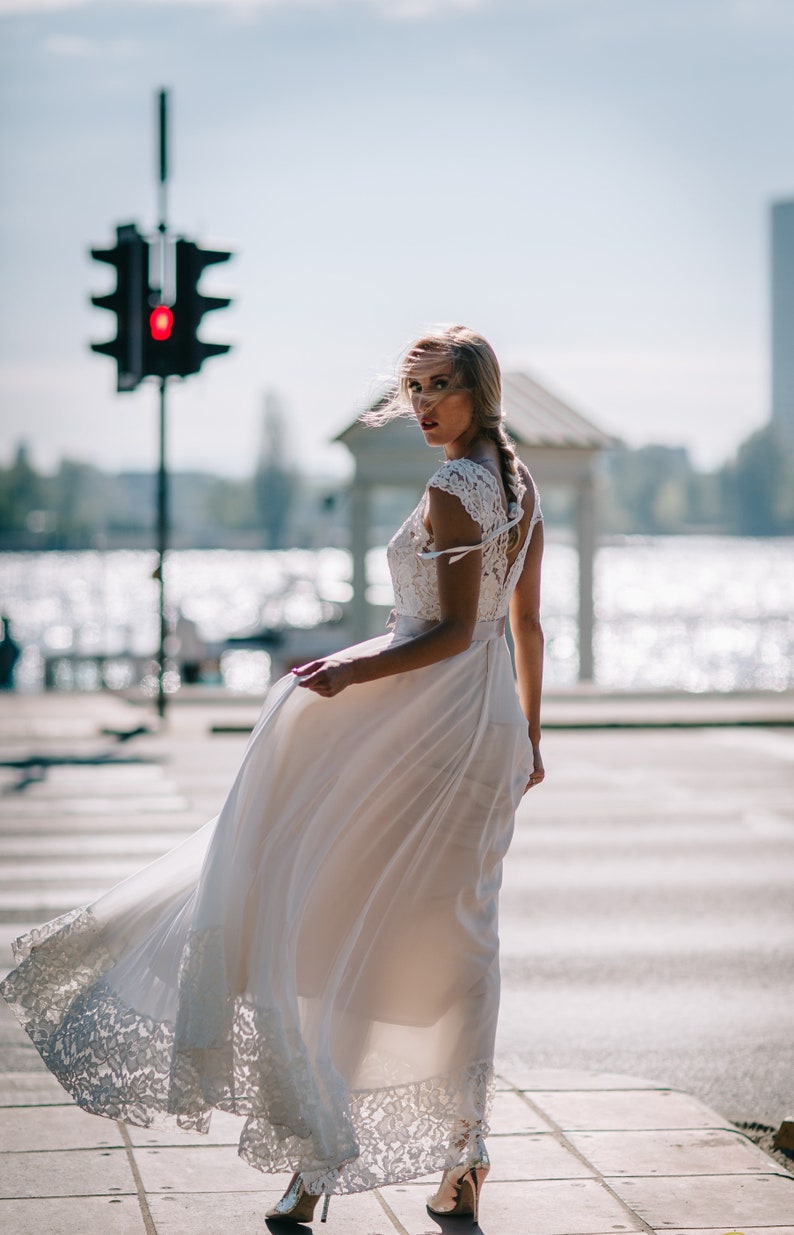 Simple Chiffon Wedding Dress with Lace Top and Hemline/Backless Boho Wedding Dress with Lace Top/Backless Chiffon Wedding Dress image 5