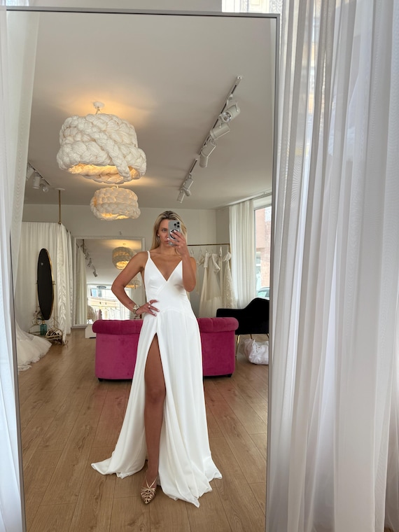 Ivory Slip Wedding Gown: Handmade V-Neck Dress with Slits