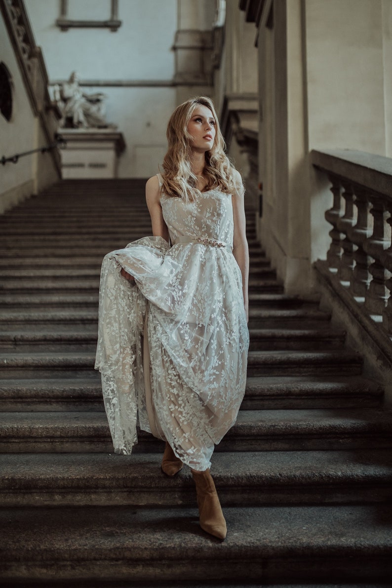 Nude/Beige Boho Sleeveless Wedding Dress With Intricate Lace Detailing/Lace Leaf Patterned Dress with Satin Ribbon/Bohemian Wedding Gown image 6