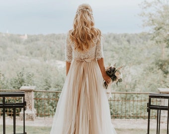 Bohemian Open Back Tulle Wedding Dress/Beige Boho Wedding Dress/Bohemian Lace & Tulle Wedding Dress/Long Sleeve Lace Wedding Dress