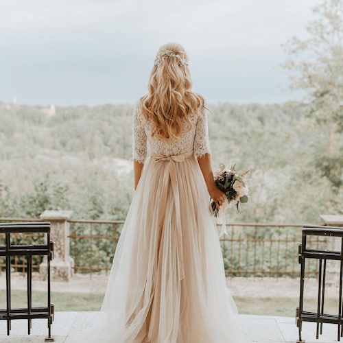 long sleeve beige wedding dress Beige Lace Wedding Dress, Open Back Vintage Style, 3/4 Sleeves