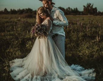 Blush lining Tulle Wedding Dress with Voluminous Ruffles / V cut wedding Gown with Long Train Sleeveles Wedding dress in Ivory / Handmade