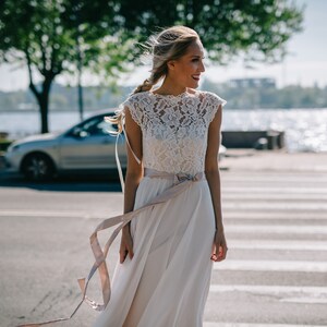 Simple Chiffon Wedding Dress with Lace Top and Hemline/Backless Boho Wedding Dress with Lace Top/Backless Chiffon Wedding Dress image 6