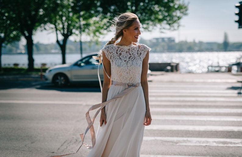 Simple Chiffon Wedding Dress with Lace Top and Hemline/Backless Boho Wedding Dress with Lace Top/Backless Chiffon Wedding Dress image 6