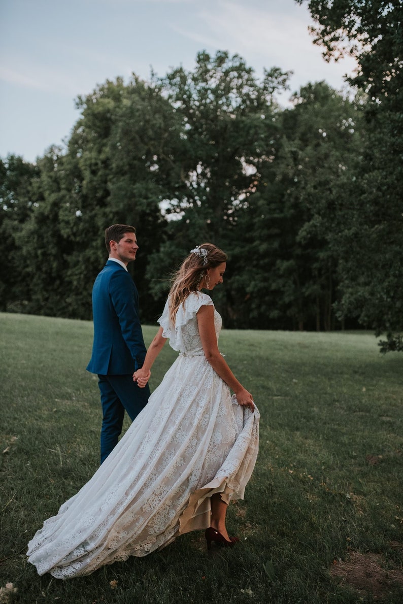 Bohemian Beige Lace Wedding Dress/Bohemian Ruffled Open Back Beige Lace Wedding Dress/Bohemian Long Train Low Back Lace Wedding Dress image 1