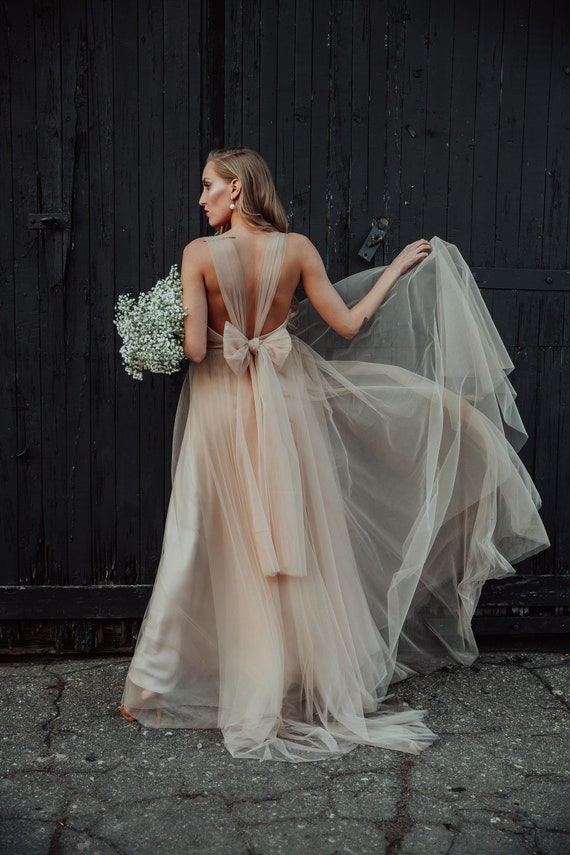 beige tulle wedding dress Bohemian Tulle Wedding Dress, Low Back Bow Detail