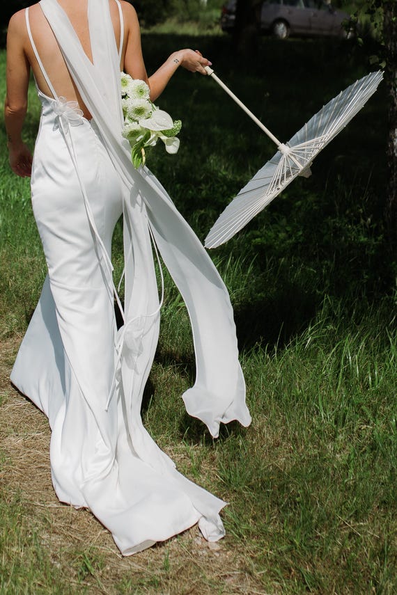 boho slip wedding dress Silk With Floral Back Straps | Open Back Minimalist Bridal Gown | Modern Bride Dress Size:us12-16 costume_ideas:witches minimalist boho wedding dress Turtleneck Puff Sleeves Bodycon Cut on the bias