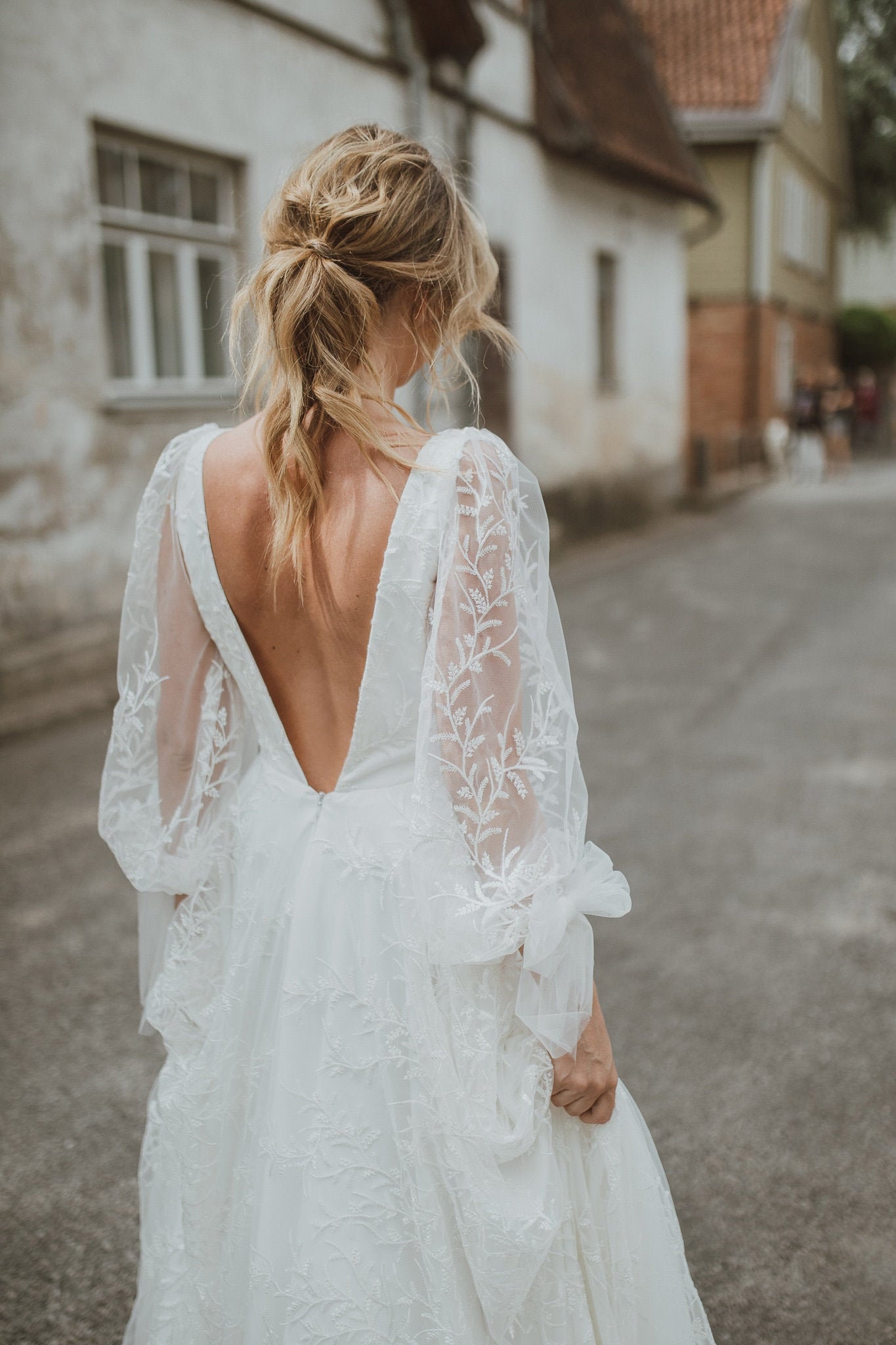 Long Sleeve Sequin Wedding Dress Bohemian Style Wedding Gown Long Train Must Have Wedding Dress With Bows Deep V Neckline Wedding Dres Etsy