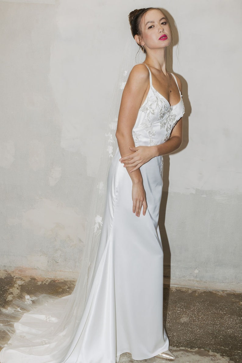 Ivory satin wedding dress / floral details wedding gown / naked back sexy wedding slip gown / wedding dress in ivory / amelii dress handmade image 4
