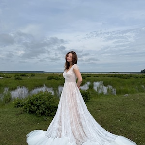 Delicate Lace Wedding Dress/ Bohemian Beige Lace Wedding Dress/ Open Back Beige Lace Wedding Dress/ Bohemian Long Train Wedding Dress