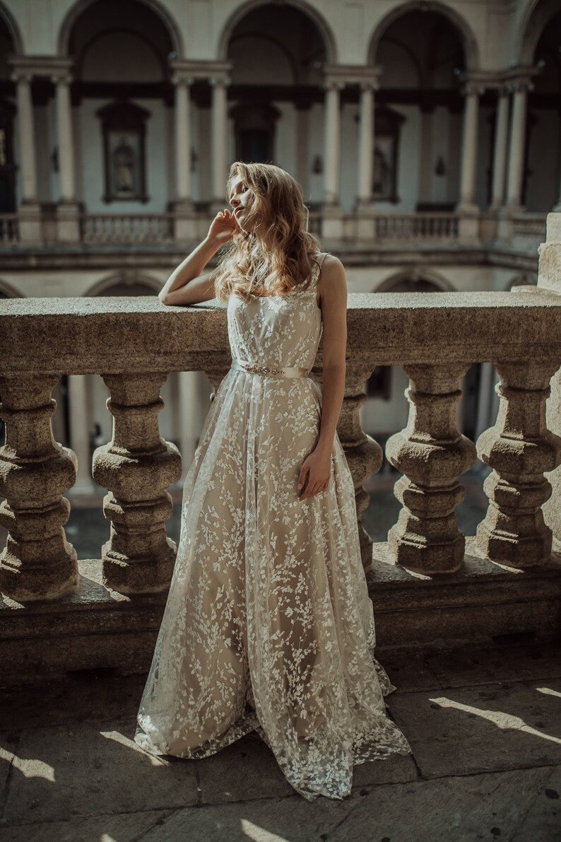 Nude/Beige Boho Sleeveless Wedding Dress With Intricate Lace Detailing/Lace Leaf Patterned Dress with Satin Ribbon/Bohemian Wedding Gown image 7