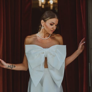 Two Piece Bridal Set / Large Bow Top Wedding Dress / Long train Satin Wedding dress / Corset top wedding Dress / Handmade Dress / Mix&Match