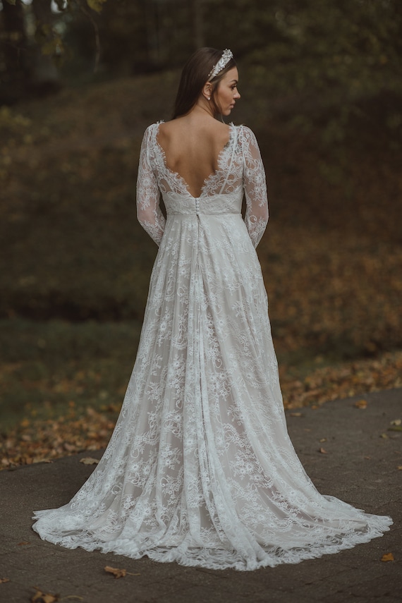 Long Sleeve Lace Wedding Dress - Handmade Romantic Gown