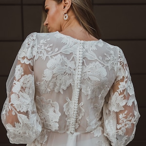 A-line Long Sleeves Wedding Dress / Floral Pattern Wedding Gown with Tansparency / Long Train Closed Back Buttons Wedding Dress