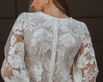 A-line Long Sleeves Wedding Dress / Floral Pattern Wedding Gown with Tansparency / Long Train Closed Back Buttons Wedding Dress