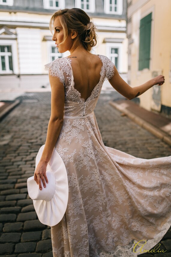 tan lace wedding dress