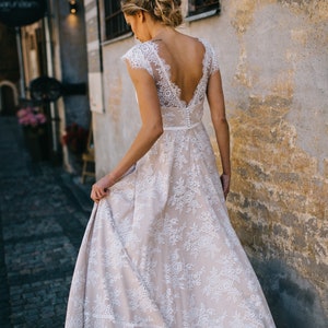 Delicate Lace Wedding Dress/ Bohemian Beige Lace Wedding Dress/ Open Back Beige Lace Wedding Dress/ Bohemian Long Train Wedding Dress image 3