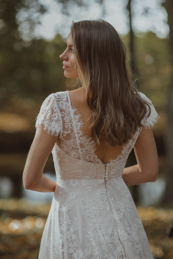 matilda frill trim lace overlay gold bead dress white Wedding with Tulle Ruffle Wedding Gown / Blush Lining Ivory Lace Wedding Dress Short Sleeves / Handmade Gowns / Classy Beautiful RUSH-BRIDAL-AFFORDABLE-WEDDING-DRESS formal event Size:22 W Strapless Metallic Satin & Orange dress